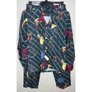Phineas Cole Brushed Cotton Equestrian Print Pajama Set Green Size Large New